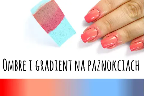 Gąbka do tworzenia ombre paznokci i dłonie z pięknymi, gradientowymi paznokciami w odcieniach koralu.