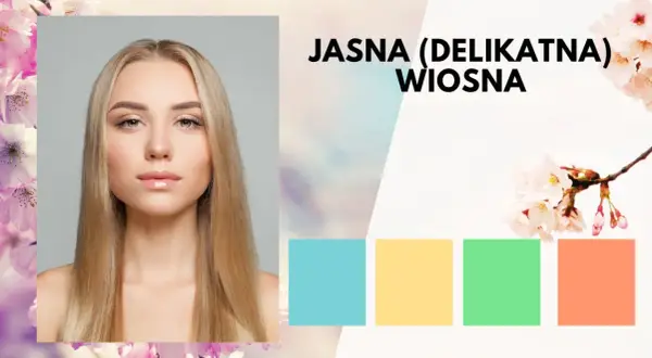 Jasna (delikatna) wiosna: blondynka z delikatnym makijażem, otoczona kwitnącymi wiśniami i paletą pastelowych kolorów.