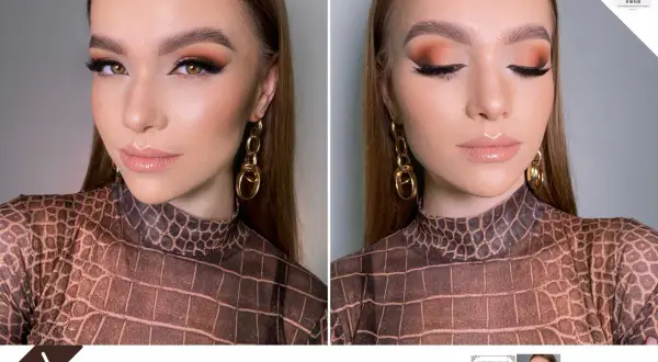 Makijaż foxy eyes z kocim spojrzeniem, podkreślony brązowymi cieniami i wyraźną kreską. Ukończony kurs makijażu.