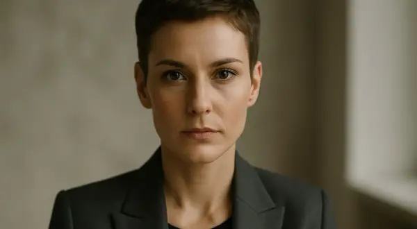 Portret osoby o wyrazistej, androgenicznej urodzie w eleganckiej marynarce.