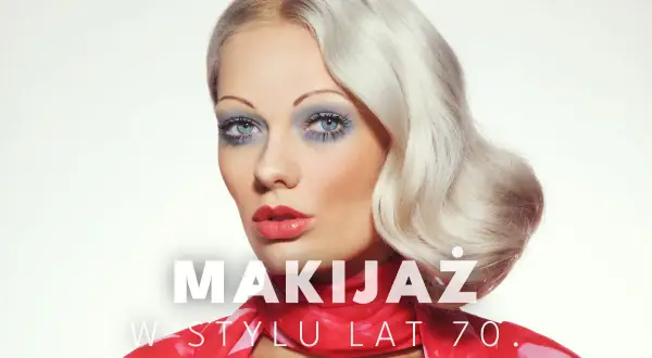 Kobieta z blond falowanymi włosami i wyrazistym makijażem oczu w stylu lat 70. Czerwona apaszka dodaje uroku.