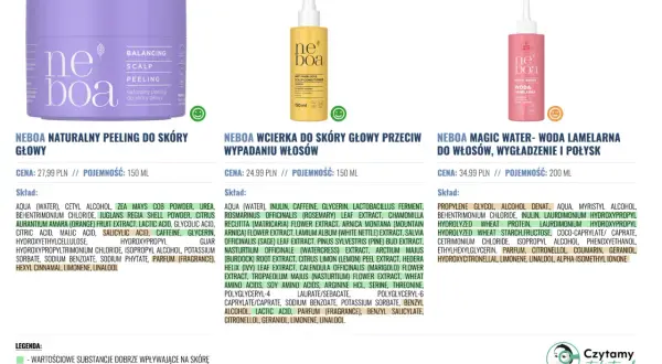 NEBOA naturalny peeling do skóry głowy, woda lamellarna i wcierka. Opinie o NEBOA wskazują na dobre składniki.