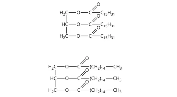 Struktury chemiczne glicerolu estryfikowanego kwasem stearynowym (glyceryl stearate) i kwasem palmitynowym.