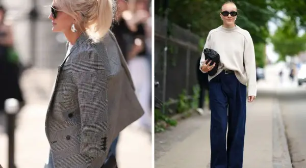 Dwie kobiety prezentują stylowe stylizacje z jeansami: jedna w marynarce w kratę, druga w szerokich, granatowych jeansach i swetrze.