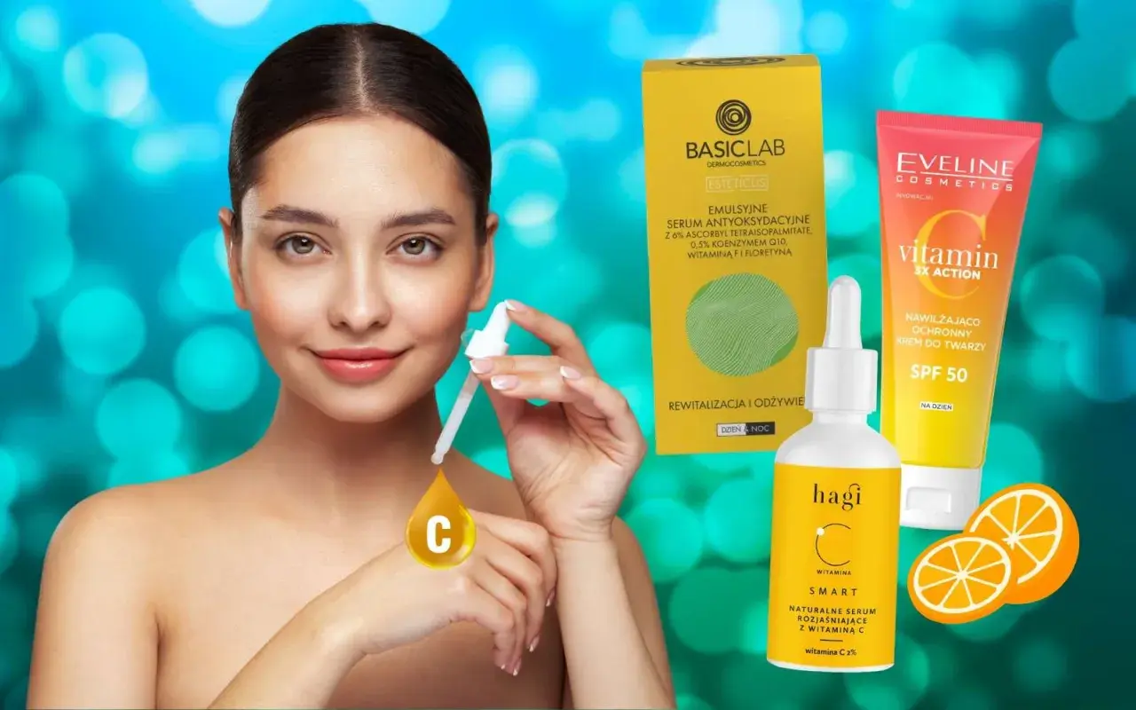 Kwas askorbinowy w kosmetykach: modelka z serum i kremem z witaminą C, które rozjaśniają i chronią skórę.
