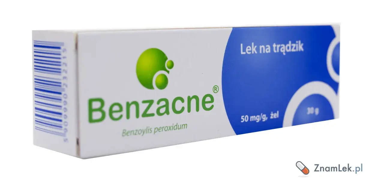 Opakowanie leku Benzacne, żelu na trądzik z nadtlenkiem benzoilu. Szukasz benzacne zamiennik? Ten lek może być dla Ciebie.