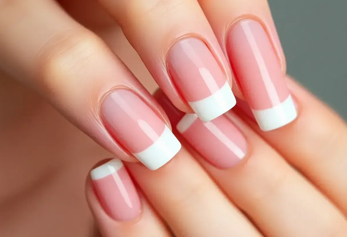 Dłonie z idealnym french manicure. Paznokcie są zadbane, z różową bazą i białymi końcówkami, co nadaje im klasyczny wygląd.