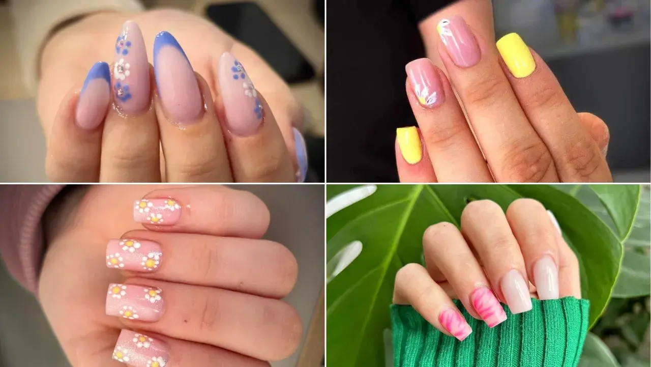 Kolekcja modnych paznokci na wiosnę: francuski manicure z kwiatami, żółte akcenty, stokrotki na różowym tle i neonowy wzór.