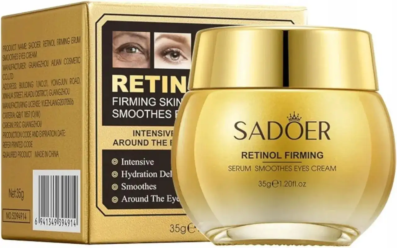 Złoty słoiczek kremu pod oczy SADOER Retinol Firming. Produkt intensywnie nawilża, wygładza i ujędrnia skórę wokół oczu.