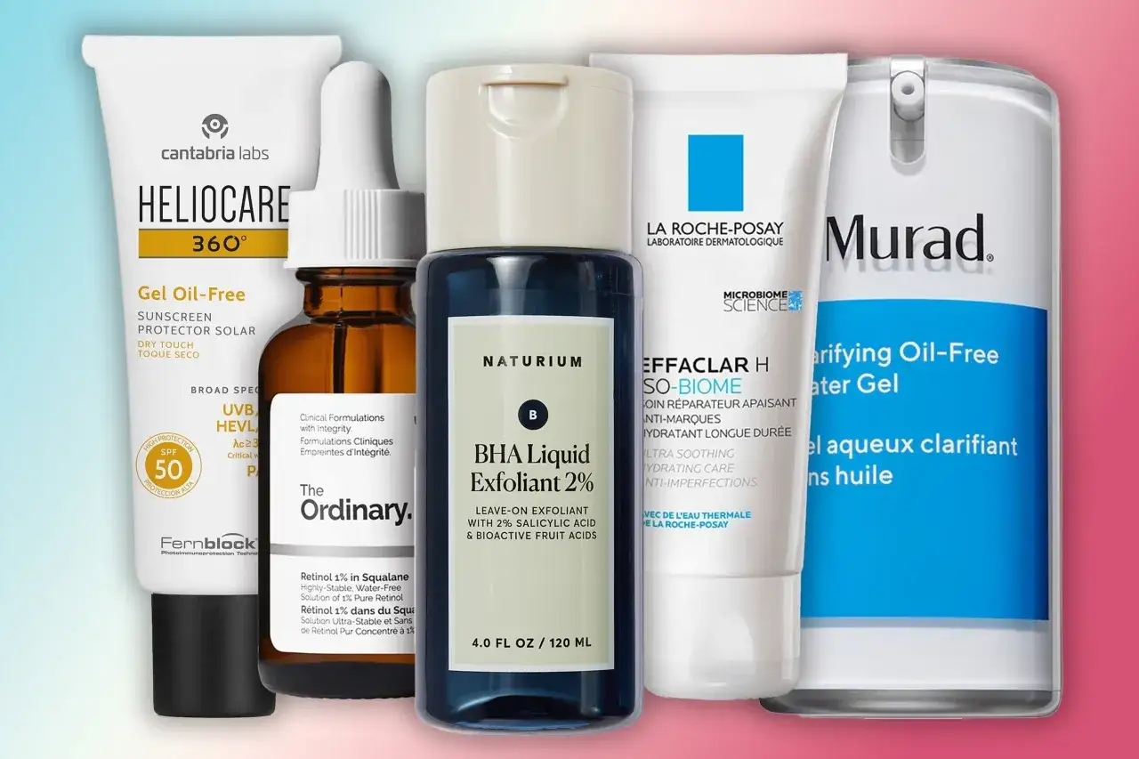 Zestaw kosmetyków do walki z niedoskonałościami i pryszczami: krem z filtrem, serum z retinolem, peeling kwasowy BHA i krem nawilżający.
