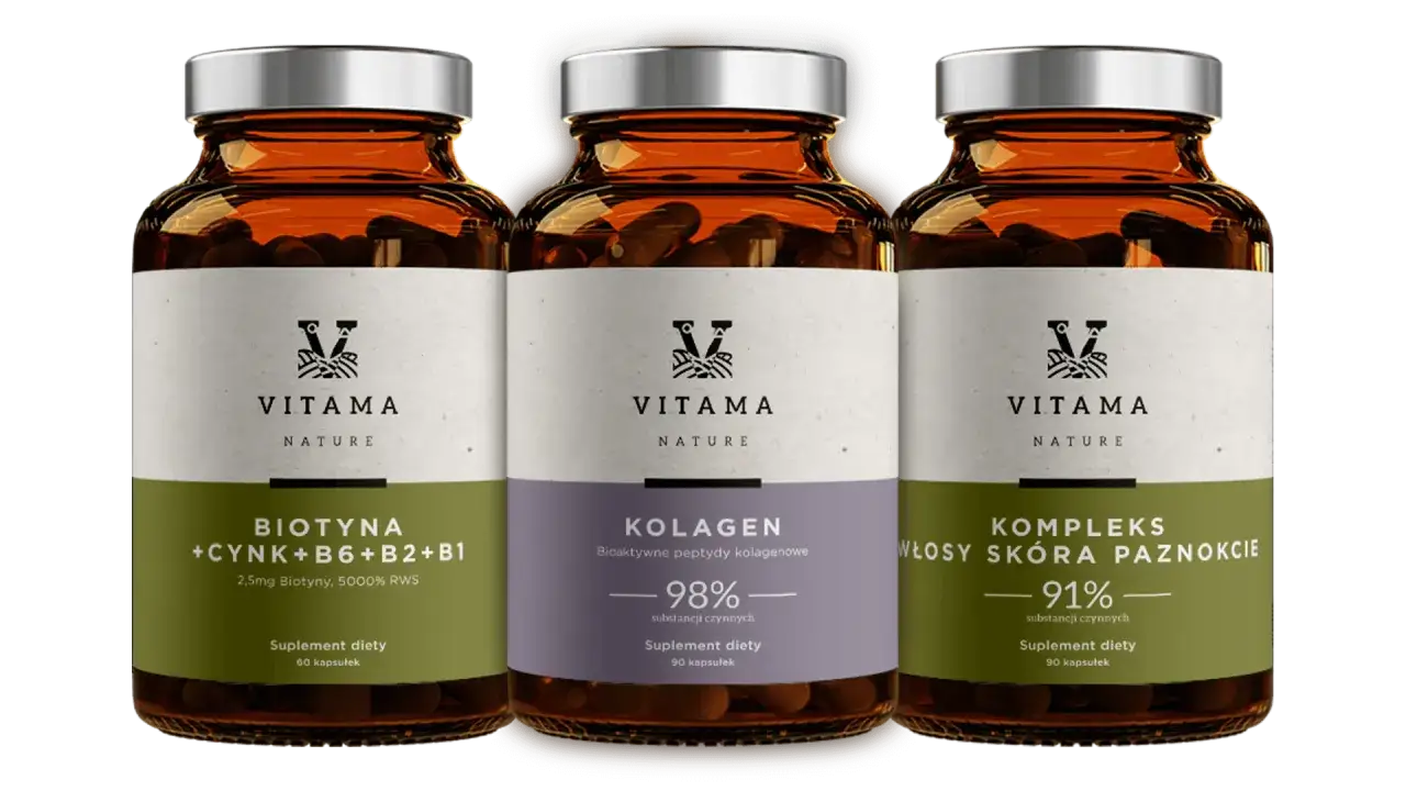 Trzy butelki suplementów diety Vitama Nature: Biotyna z cynkiem i witaminami B, Kolagen oraz Kompleks na włosy, skórę i paznokcie. Biotyna jaka to witamina? To jedna z witamin z grupy B.