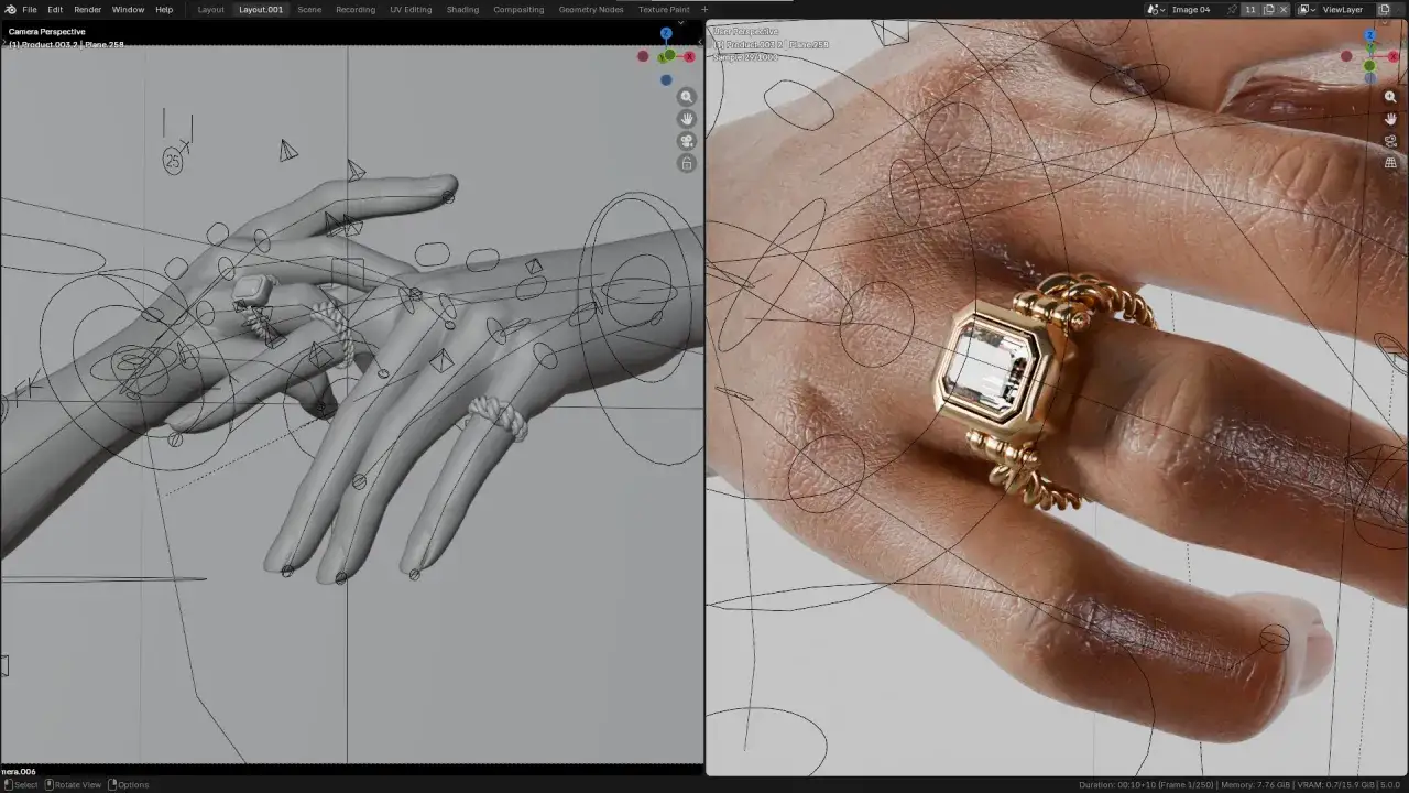 Modelowanie dłoni w Blenderze, by nauczyć się, jak zostać modelką dłoni. Widać siatkę 3D i gotowy render z pierścionkiem.