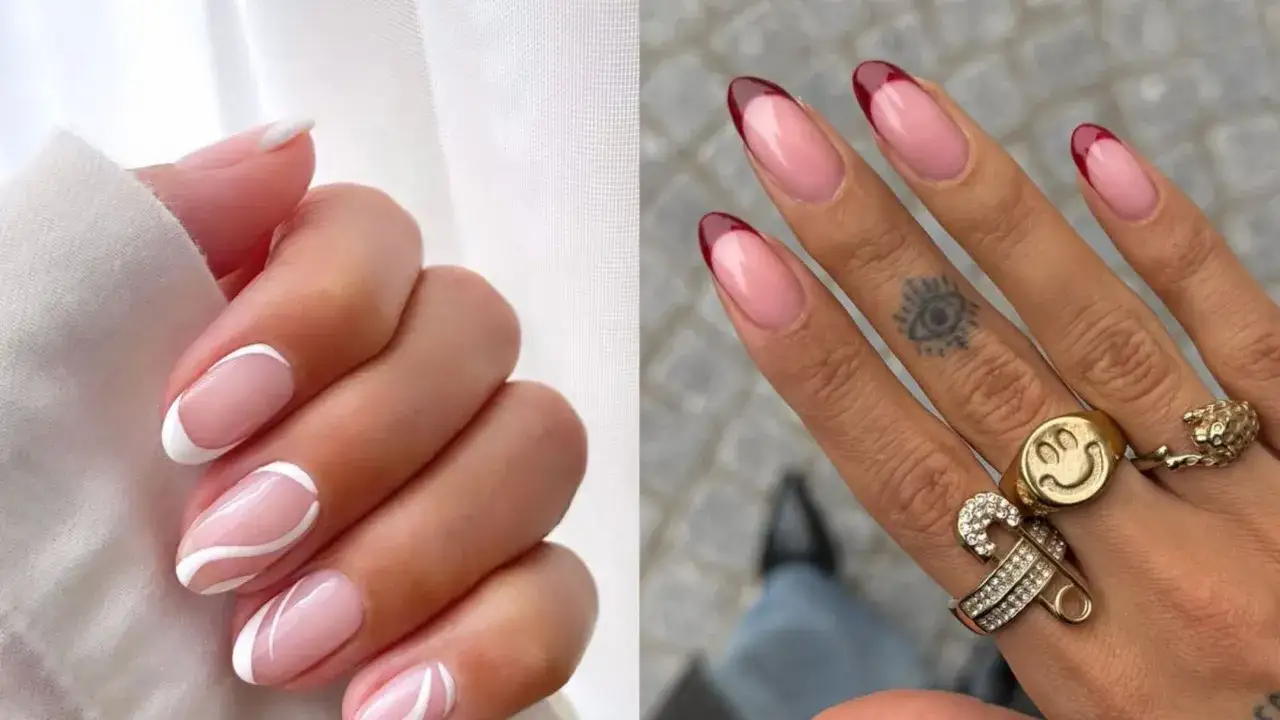 Dwa warianty french manicure: klasyczny biały i nowoczesny z bordową końcówką. Eleganckie i stylowe paznokcie.