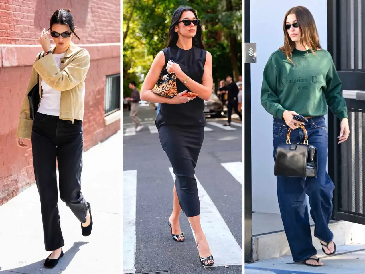 Trzy kobiety w stylizacjach casual: jedna w beżowej kurtce i czarnych jeansach, druga w czarnej sukience, trzecia w zielonej bluzie i jeansach.