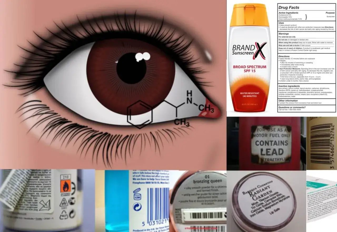 Oko z nałożonym wzorem chemicznym linaloolu, obok kremu z filtrem i innych produktów.
