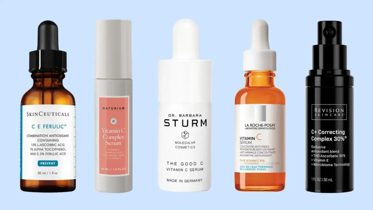 Kwas askorbowy w pięciu różnych serach do twarzy: SkinCeuticals, Naturium, Dr. Barbara Sturm, La Roche-Posay i Revision Skincare.