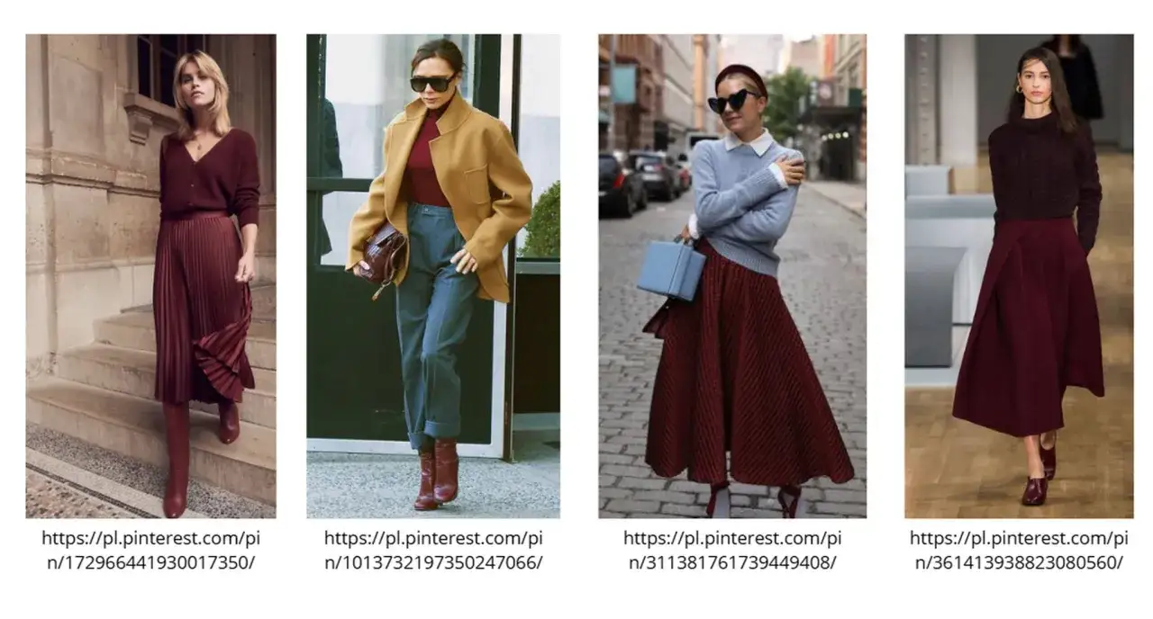 Eleganckie stylizacje z bordową spódnicą i swetrem.
