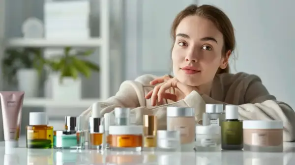 Kobieta z uśmiechem opiera się o stół z kosmetykami. Wśród nich widać produkty Nivelium, które zapewniają jej promienny wygląd.