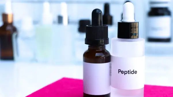 Dwie buteleczki z pipetkami, jedna z napisem "Peptide". W tle inne kosmetyki.