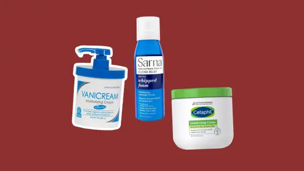 Krem Vanicream, pianka Sarna na egzemę i krem nawilżający Cetaphil. Produkty te, w tym Nivelium med, pomagają łagodzić suchość i podrażnienia skóry.