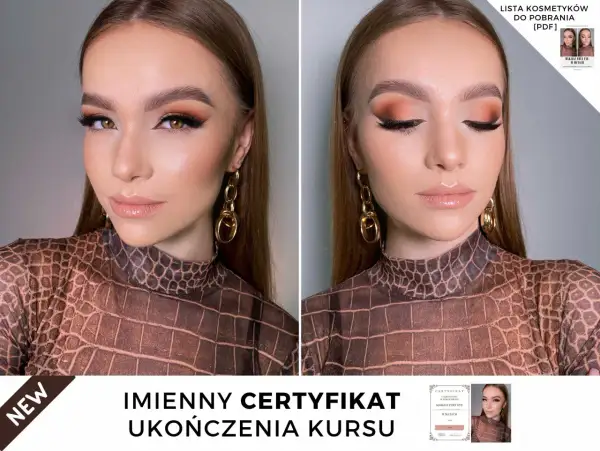 Makijaż foxy eyes z kocim spojrzeniem, podkreślony brązowymi cieniami i wyraźną kreską. Ukończony kurs makijażu.