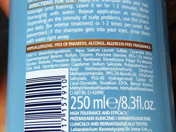Skład szamponu z Piroctone Olamine, idealny do walki z problemami skóry głowy. Bez parabenów i alkoholu.