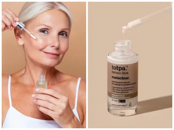 Kobieta aplikuje serum z kwasem traneksamowym na twarz. Produkt to tołpa. dermo face melaclear, intensywne serum korygujące przebarwienia.