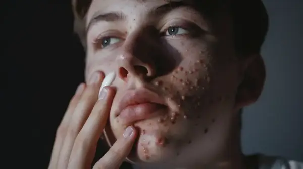 Młoda osoba z trądzikiem nakłada na twarz biały krem, być może Sudocrem na twarz, w nadziei na poprawę stanu skóry.