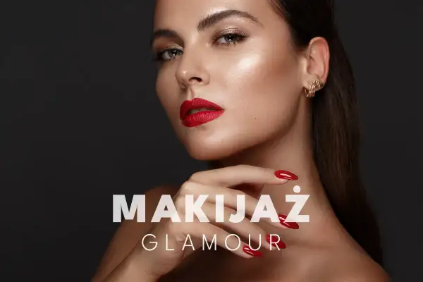 Kobieta z idealnym makijażem glamour: czerwone usta, złote cienie, perfekcyjne paznokcie.