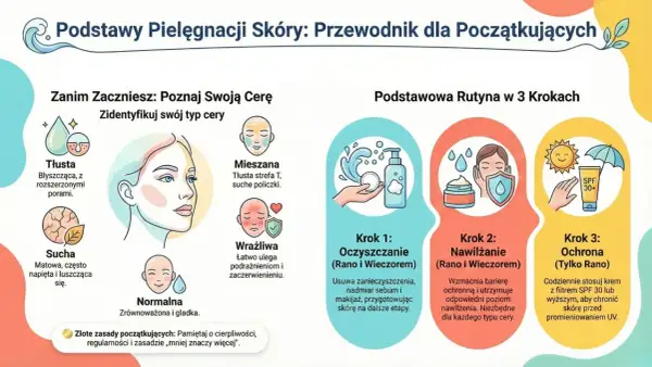 Ilustracja przedstawia podstawy pielęgnacji skóry, typy cery (tłusta, sucha, mieszana, wrażliwa, normalna) oraz 3 kroki rutyny: oczyszczanie, nawilżanie i ochrona.