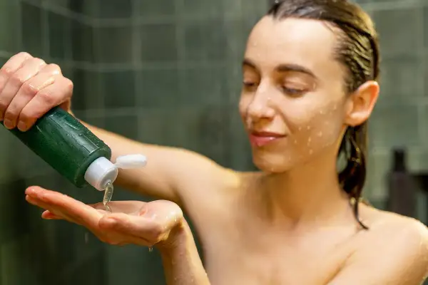Kobieta wylewa zielony płyn z butelki na dłoń. To naturalny fitokosmetik do pielęgnacji ciała.