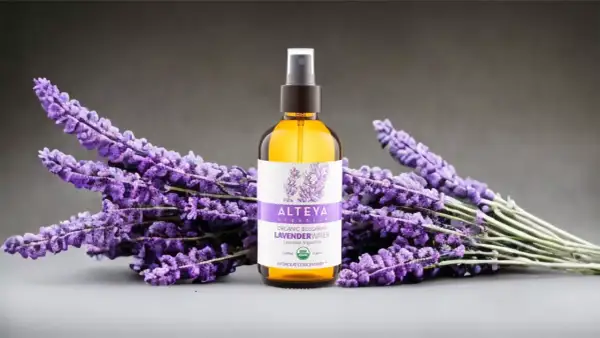 Woda lawendowa Alteya Organics, naturalne wsparcie w walce z trądzikiem, otoczona bukietami świeżej lawendy.